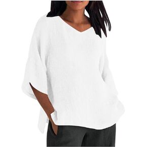 Womens V Neck 3/4 Sleeve Shirts Cotton Linen Tops Casual Loose Fit Blouses Oversized Tee Summer Outfits Clothes
