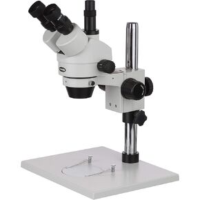 AmScope SM-1T Professional Trinocular Stereo Zoom Microscope, WH10x Eyepieces, 7X-45X Magnification, 0.7X-4.5X Zoom Objective, Ambient Lighting, Large Pillar-Style Table Stand
