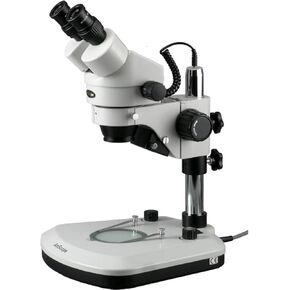 AmScope SM-1BX-PL Professional Binocular Stereo Zoom Microscope, WH10x Eyepieces, 3.5X-45X Magnification, 0.7X-4.5X Zoom Objective, Upper and Lower LED Lighting, Pillar Stand, Includes 0.5x Barlow Lens