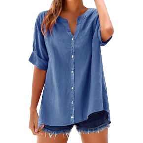 Linen Shirts for Women Summer Cotton Linen V Neck Button Down Blouses Casual Roll Up Short Sleeve Beach Vacation Tops