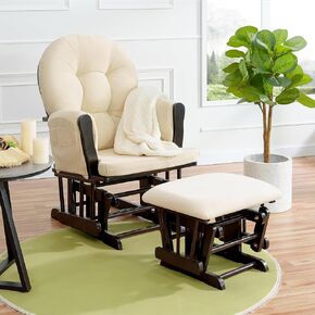 Nursery Glider & Ottoman Sets, Reclining Glider Rocker with Ottoman, Nursery Rocking Breastfeeding Maternity Chair for Baby Room, Recliner Glider with Ottoman, Padded Arms - Espresso, Cream
