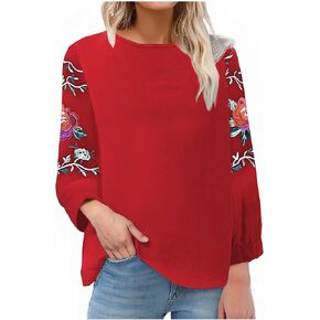 Boho Floral Embroidery Cotton Linen Tops for Women Summer Casual 3/4 Sleeve T Shirts Lightweight Ethnic Style Blouse