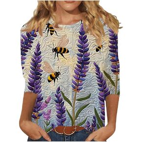 Womens Bee Sunflower Funny Animal T Shirts Cute Sarcastic Nature Camping Tees 3/4 Sleeve Bee Festival Plus Size