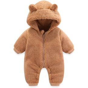 Newborn Baby Girl Fleece Romper Zip Front Bodysuit Infant Bear Ear Jumpsuit Outerwear Hooded Toddler Boys Coats Winter