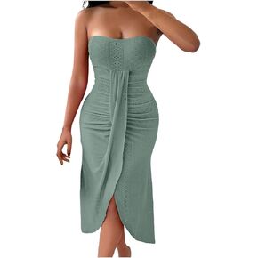 Women Off Shoulder Solid Split Dress Casual Elastic Waist Sundress Travel Vacation 2024 Summer Dresses, Small, Red