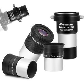 Astromania Telescope Accessory Kit with 1.25 Inch Telescope Eyepiece Set 4mm 12.5mm 20mm 52 Degree Super Plossl Eyepiece Lens and 1.25 Inch 2X Barlow Lens with T Thread Fully Multi Coated Metal