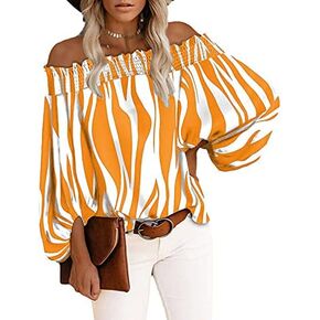 Women's Striped Sexy Fashion Off Shoulder Chiffon Shirt Casual Boho Floral Print Flare Sleeve Blouses Fall Tops