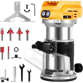 Cordless router, compatible with Dewalt 20V MAX battery (Battery not included), 6-speed, 29,000 RPM, includes trim router bits, edge/roller guide, dust hood, Ideal for woodworking