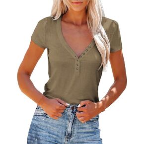 Women's Button Down Short Sleeve Tops V Neck Solid Shirts Summer Casual Soft Blouse Clothes 2024