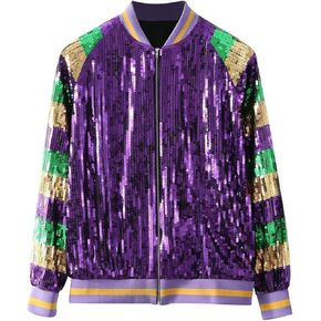 Mardi Gras Outfit for Women Sparkly Sequin Jackets Front Zip Up Blazer Bomber Jacket New Orleans Mardival Party Costume