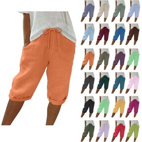 Linen Bermuda Shorts for Women Knee Length Summer Casual Drawstring High Waisted Gym Short Pants with Pockets