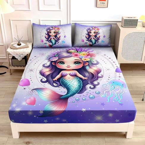 Princess Bedding Cute Mermaid Pattern Full Fitted Sheet Set,Star Jellyfish Ocean Themed Bedding Sets for Kids Toddlers Girls Boys Room Decor,1 Fitted Sheet + 2 Pillowcases. in Kuwait