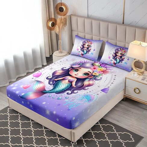 Princess Bedding Cute Mermaid Pattern Full Fitted Sheet Set,Star Jellyfish Ocean Themed Bedding Sets for Kids Toddlers Girls Boys Room Decor,1 Fitted Sheet + 2 Pillowcases. in Kuwait