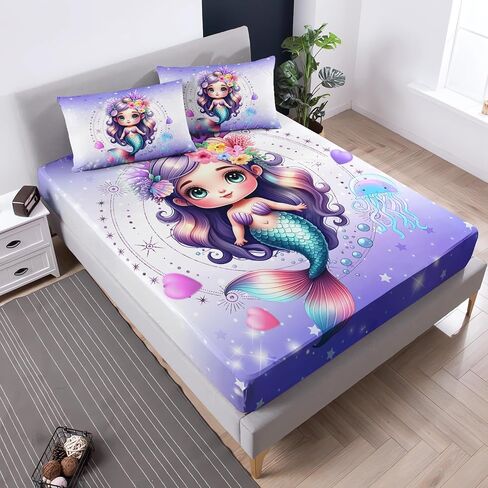 Princess Bedding Cute Mermaid Pattern Full Fitted Sheet Set,Star Jellyfish Ocean Themed Bedding Sets for Kids Toddlers Girls Boys Room Decor,1 Fitted Sheet + 2 Pillowcases. in Kuwait