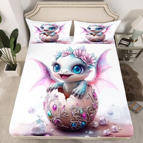 erosebridal لطيف طفل التنين الفراش مجموعة Diamond Dragon Egg Twin ورقة ملائمة للأطفال الفتيات ، واللؤلؤة جوهرة الكرتون صفائح السرير teal حالم سرير البرية in Kuwait