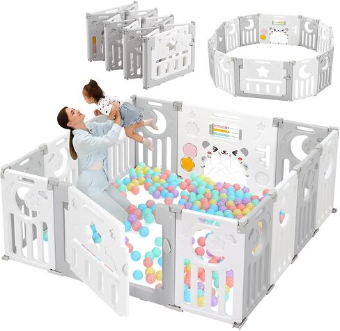 Baby Playpen, Dripex Foldable Playpen for Babies and Toddlers, Custom Shape Baby Fence, Safety Play Yard with Gate, Portable Play Area for Indoor or Outdoor, Grey White, 14 Panel in Kuwait