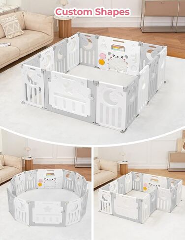 Baby Playpen, Dripex Foldable Playpen for Babies and Toddlers, Custom Shape Baby Fence, Safety Play Yard with Gate, Portable Play Area for Indoor or Outdoor, Grey White, 14 Panel in Kuwait