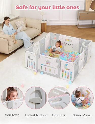 Baby Playpen, Dripex Foldable Playpen for Babies and Toddlers, Custom Shape Baby Fence, Safety Play Yard with Gate, Portable Play Area for Indoor or Outdoor, Grey White, 14 Panel in Kuwait