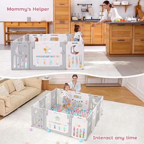 Baby Playpen, Dripex Foldable Playpen for Babies and Toddlers, Custom Shape Baby Fence, Safety Play Yard with Gate, Portable Play Area for Indoor or Outdoor, Grey White, 14 Panel in Kuwait