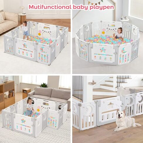 Baby Playpen, Dripex Foldable Playpen for Babies and Toddlers, Custom Shape Baby Fence, Safety Play Yard with Gate, Portable Play Area for Indoor or Outdoor, Grey White, 14 Panel in Kuwait