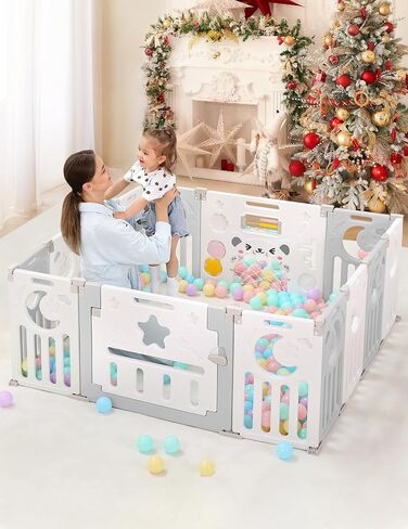 Baby Playpen, Dripex Foldable Playpen for Babies and Toddlers, Custom Shape Baby Fence, Safety Play Yard with Gate, Portable Play Area for Indoor or Outdoor, Grey White, 14 Panel in Kuwait