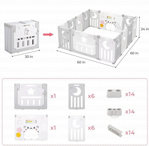 Baby Playpen, Dripex Foldable Playpen for Babies and Toddlers, Custom Shape Baby Fence, Safety Play Yard with Gate, Portable Play Area for Indoor or Outdoor, Grey White, 14 Panel in Kuwait