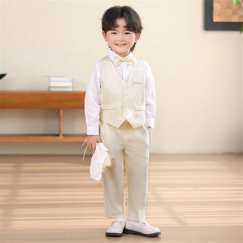 Boys Formal Tuxedo Suit Vest 3 Piece Outfit Set for Kids Stylish Attire with Pants and Bowtie Ideal for Weddings in Kuwait