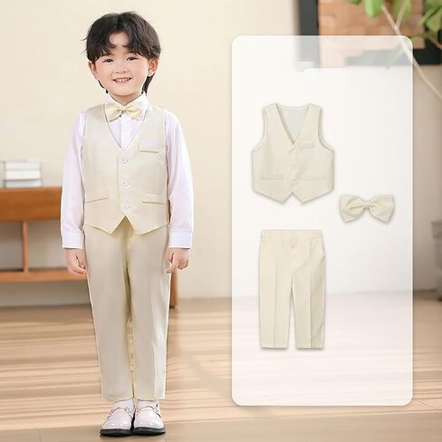 Boys Formal Tuxedo Suit Vest 3 Piece Outfit Set for Kids Stylish Attire with Pants and Bowtie Ideal for Weddings in Kuwait