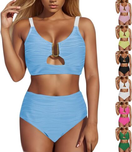 Women's Bikini Set Cutout V Neck Swimsuit High Waisted Textured Ruched Beachwear 2025 Summer Beach Swim Bathing Suits in Saudi Arabia