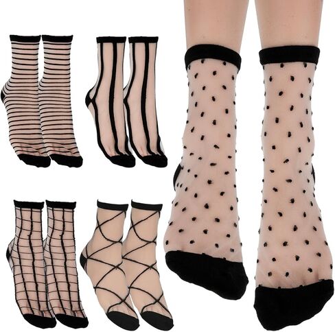 Lusofie 5Pairs Black See Through Socks Women Ankle Sheer Socks Transparent Socks Striped Plaid Dot Cute Mesh Socks for Women Girls in Saudi Arabia