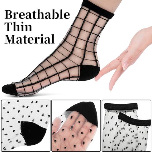 Lusofie 5Pairs Black See Through Socks Women Ankle Sheer Socks Transparent Socks Striped Plaid Dot Cute Mesh Socks for Women Girls in Saudi Arabia