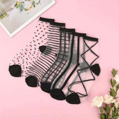 Lusofie 5Pairs Black See Through Socks Women Ankle Sheer Socks Transparent Socks Striped Plaid Dot Cute Mesh Socks for Women Girls in Saudi Arabia