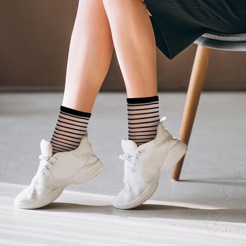 Lusofie 5Pairs Black See Through Socks Women Ankle Sheer Socks Transparent Socks Striped Plaid Dot Cute Mesh Socks for Women Girls in Saudi Arabia