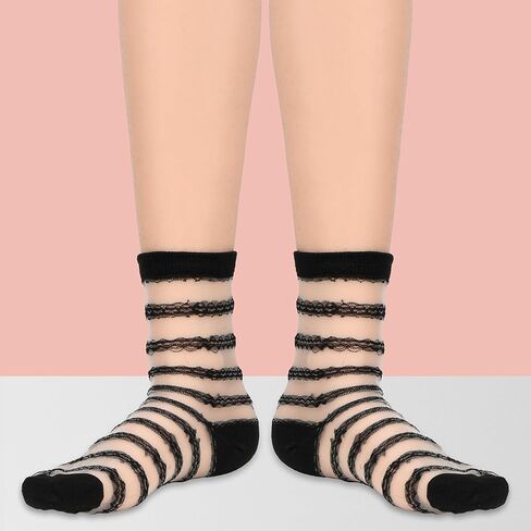 Lusofie 5Pairs Black See Through Socks Women Ankle Sheer Socks Transparent Socks Striped Plaid Dot Cute Mesh Socks for Women Girls in Saudi Arabia