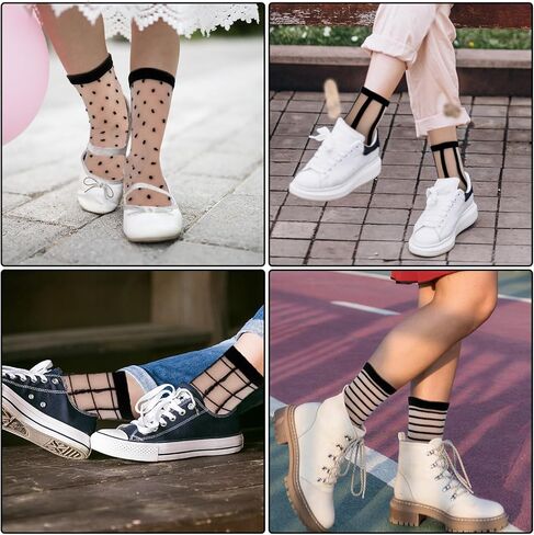 Lusofie 5Pairs Black See Through Socks Women Ankle Sheer Socks Transparent Socks Striped Plaid Dot Cute Mesh Socks for Women Girls in Saudi Arabia