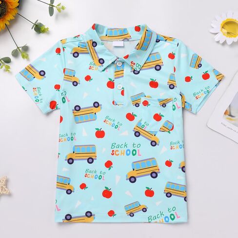 OBEEII Kids Toddler Boys Back to School Shirt Short Sleeve School Bus Button Up Shirt Casual First Day of Kindergarten Shirt in Kuwait