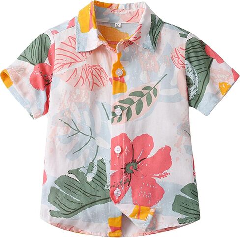 Boys Summer Button Down Shirts Causal Trendy Tropical Short Sleeve Shirt 𝐇awaiian Beach T-Shirt Top with Pocket in Kuwait