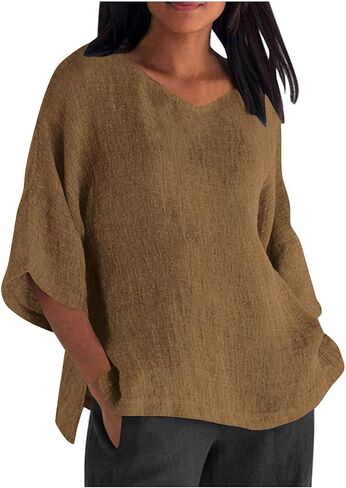 Womens V Neck 3/4 Sleeve Shirts Cotton Linen Tops Casual Loose Fit Blouses Oversized Tee Summer Outfits Clothes in Saudi Arabia