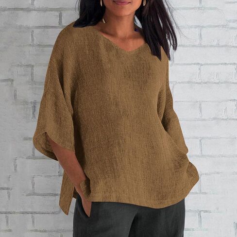 Womens V Neck 3/4 Sleeve Shirts Cotton Linen Tops Casual Loose Fit Blouses Oversized Tee Summer Outfits Clothes in Saudi Arabia