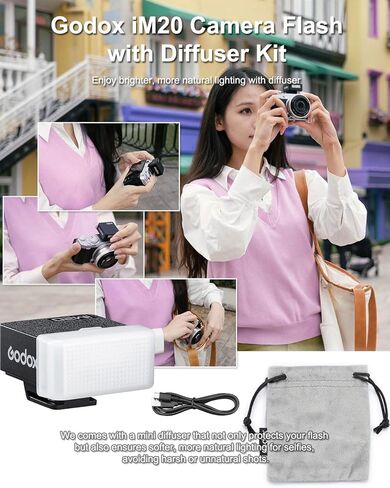 Godox IM20 Mini Flash with Diffuser for Canon, Nikon, Sony, Fuji, Olympus Single-Contact Hotshoe Cameras – Built-in USB-C Charging Battery, 230 Flashes, 5-Level Power Adjustment, Black in Kuwait