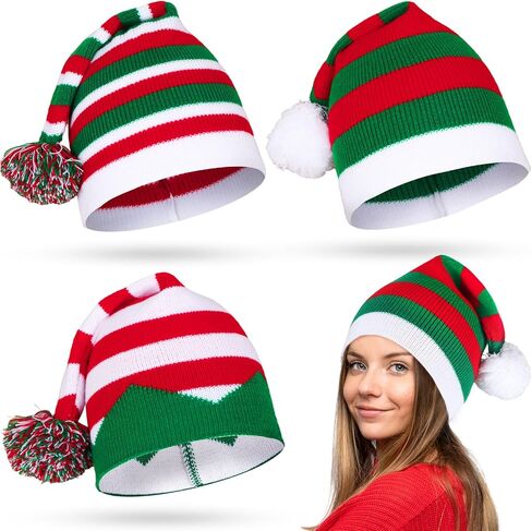 OurWarm 3PCS Funny Christmas Hats Adults and Kids Elf Hats for Adults, Christmas Knit Beanie Holiday Hat Red and Green Knit Hats for Women Winter Family in Saudi Arabia