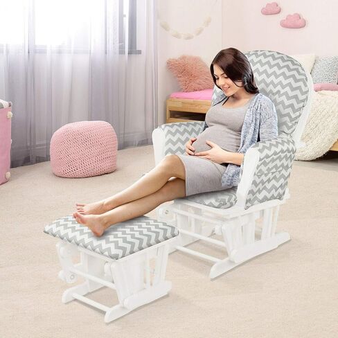DORTALA Baby Glider Rocker with Ottoman, Multi-Position Glider with Cleanable Upholstered, Smooth Rocking Motion, Nursery Glider & Ottoman Sets for Nursing Baby, Reading, Grey+White in Saudi Arabia