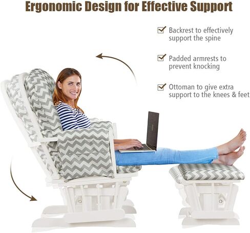 DORTALA Baby Glider Rocker with Ottoman, Multi-Position Glider with Cleanable Upholstered, Smooth Rocking Motion, Nursery Glider & Ottoman Sets for Nursing Baby, Reading, Grey+White in Saudi Arabia