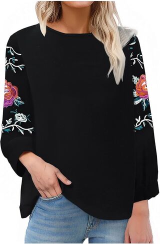 Boho Floral Embroidery Cotton Linen Tops for Women Summer Casual 3/4 Sleeve T Shirts Lightweight Ethnic Style Blouse in Kuwait