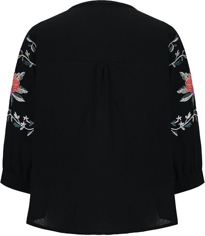 Boho Floral Embroidery Cotton Linen Tops for Women Summer Casual 3/4 Sleeve T Shirts Lightweight Ethnic Style Blouse in Kuwait