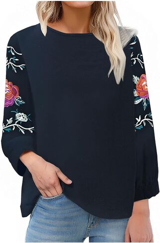 Boho Floral Embroidery Cotton Linen Tops for Women Summer Casual 3/4 Sleeve T Shirts Lightweight Ethnic Style Blouse in Kuwait