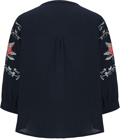 Boho Floral Embroidery Cotton Linen Tops for Women Summer Casual 3/4 Sleeve T Shirts Lightweight Ethnic Style Blouse in Kuwait