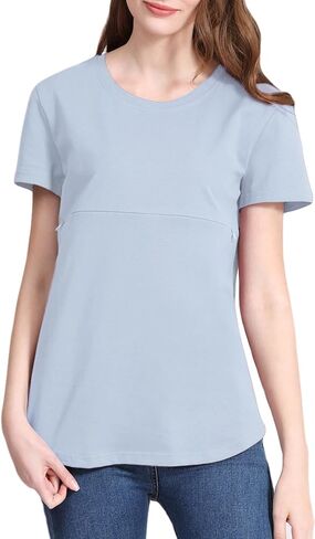 Women's Maternity Nursing Tops Zipper Shirt for Breastfeeding Solid Short Sleeve T-Shirt in Saudi Arabia