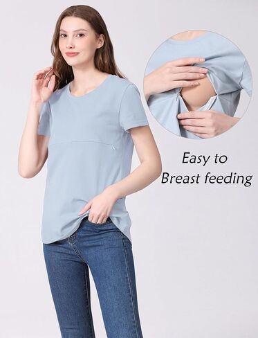 Women's Maternity Nursing Tops Zipper Shirt for Breastfeeding Solid Short Sleeve T-Shirt in Saudi Arabia
