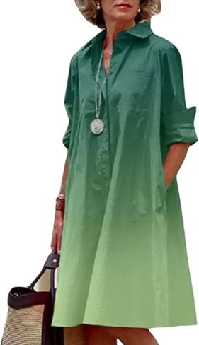 Women's Long Sleeve Shirt Dress Button Down V Neck Casual Midi Dress Printed Loose Fit Summer Dresses with Pocket in Kuwait